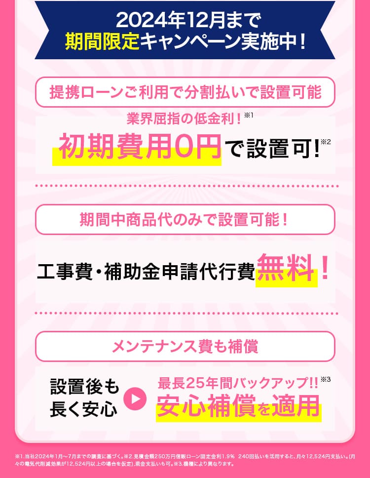 初期費用無料! 電気工事費・申請費用など無料! 設置から15年完全100%保証!