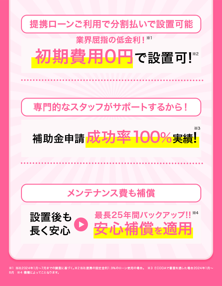 初期費用無料! 電気工事費・申請費用など無料! 設置から15年完全100%保証!