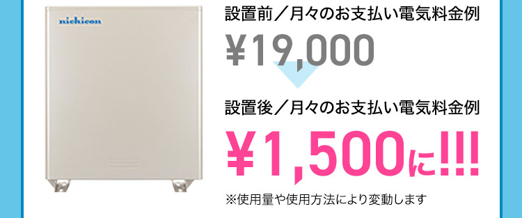 設置前／月々のお支払い電気料金例 ￥27,500 設置後／月々のお支払い電気料金例 ￥1,500に!!! ※使用量や使用方法により変動します